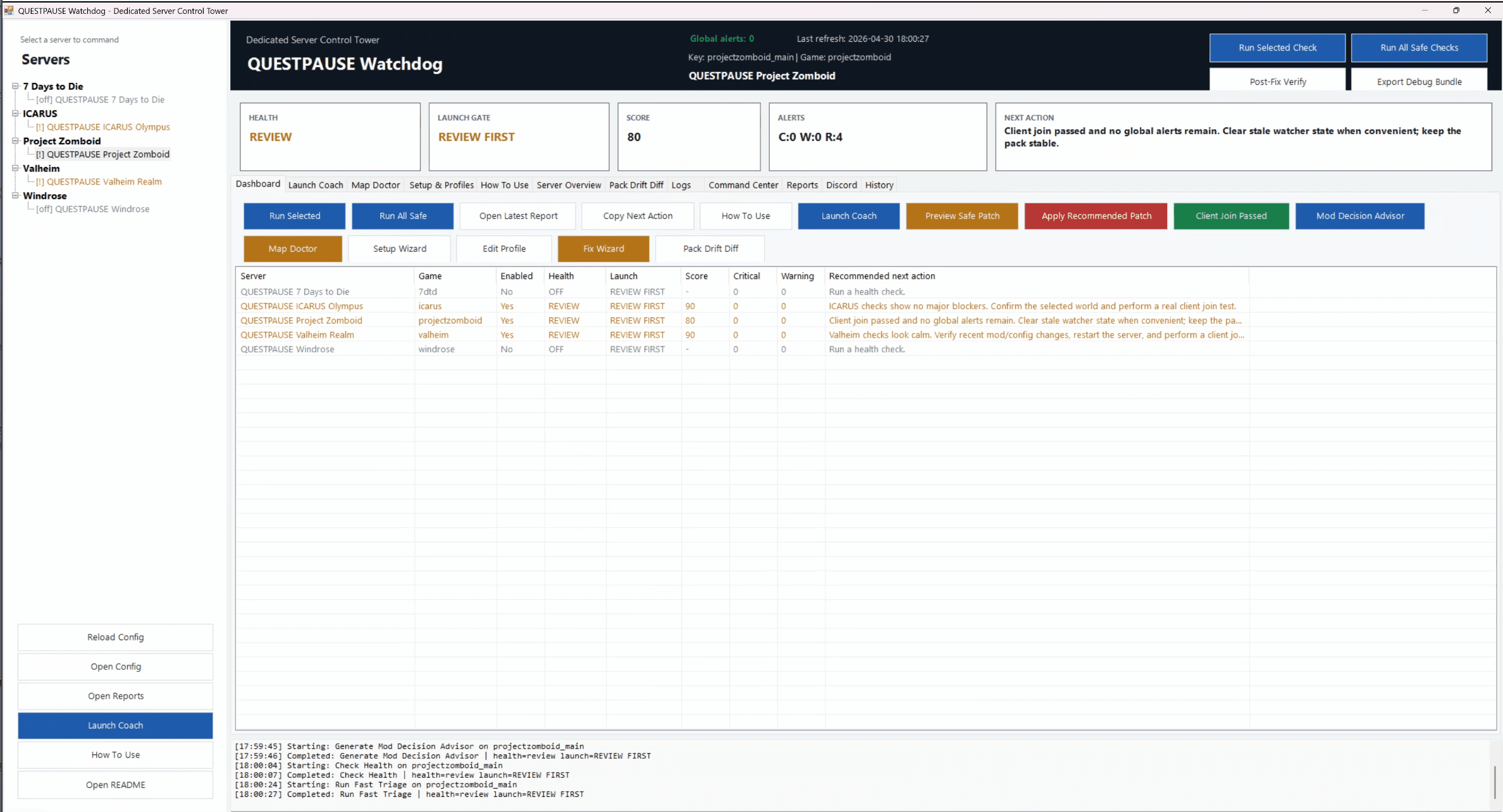 QUESTPAUSE Watchdog dedicated server control tower interface